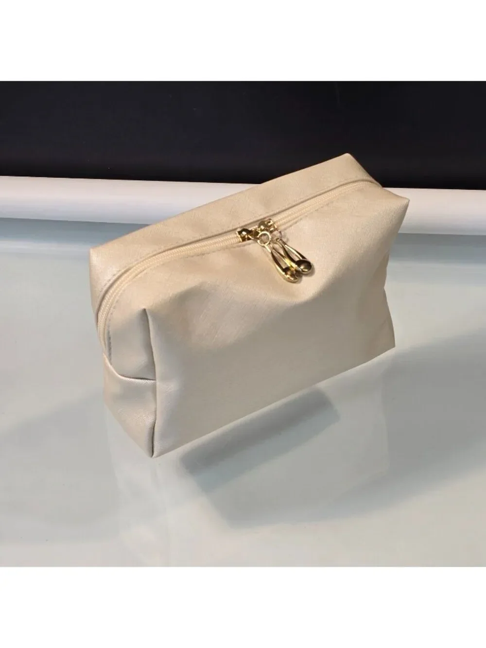 Waterproof PU Leather Beige Case Travel Makeup Bag 2 Gold-Toned Zipper Pulls